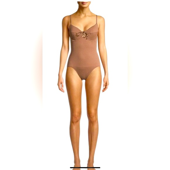 NWT TIME AND TRU UNDERWIRED SMOCKED LACE UP FRONT BOW ONE PIECE SWIMSUIT SIZE S - Picture 3 of 12